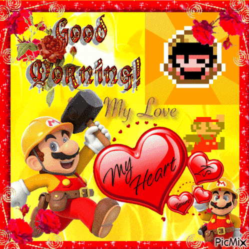 a mario holding a hammer and a heart that says " my heart "