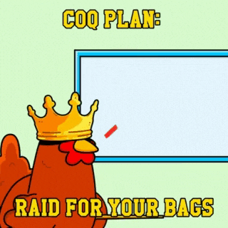 a cartoon of a chicken with a crown on its head and the words raid for your bags