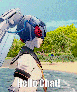 a cartoon character with a helmet on says hello chat