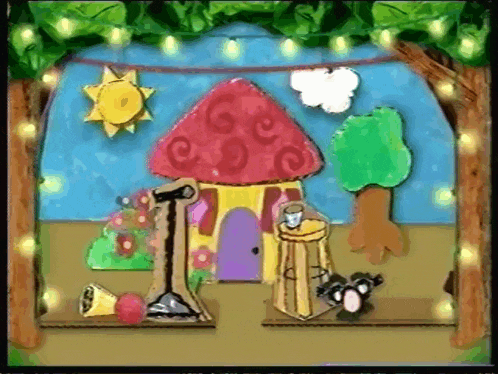 a cartoon drawing of a house with a microphone and a trash can
