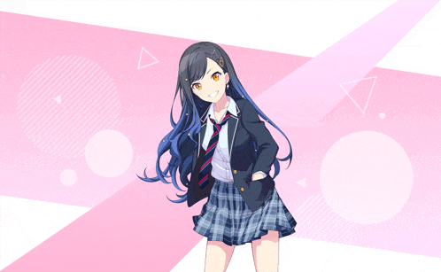 a girl with blue hair and yellow eyes is wearing a school uniform and tie