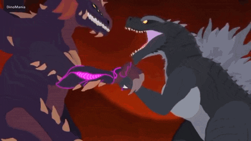 a cartoon of two dinosaurs fighting each other with a red background .