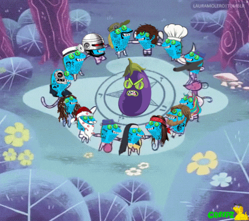 a group of cartoon characters are gathered around an eggplant in a circle