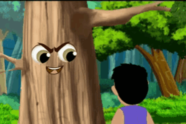 a cartoon illustration of a boy standing next to a tree with a face on it