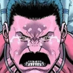 a man with a mustache is crying with tears running down his face in a comic book .