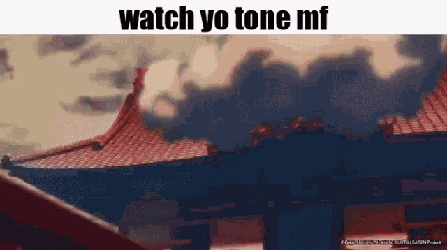 a picture of a building with a red roof and the words `` watch yo tone mf '' on it .