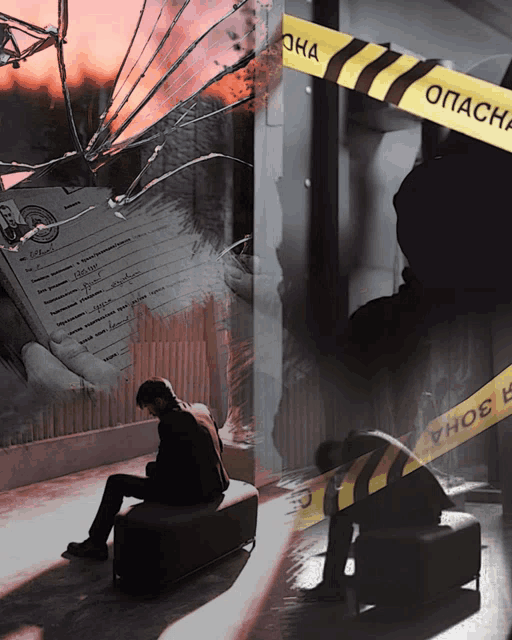 a man sits on a bench in front of a yellow tape that says oha