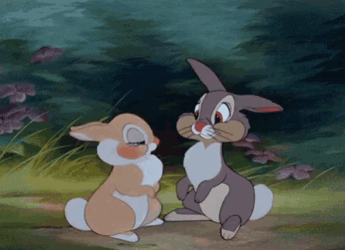two cartoon rabbits are looking at each other in a forest