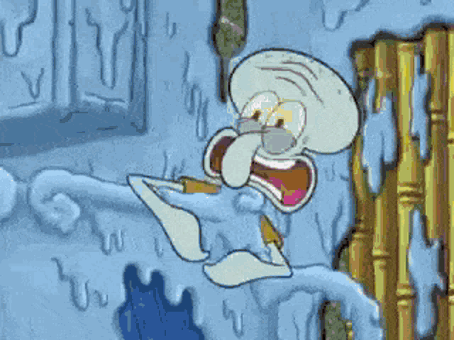 a cartoon of squidward from spongebob squarepants standing next to a wall