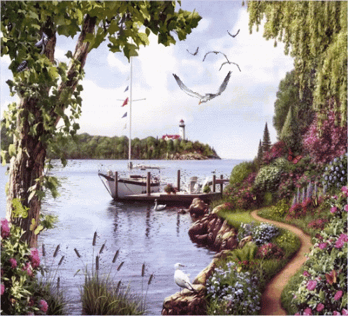 a painting of a dock with a boat and a lighthouse in the background