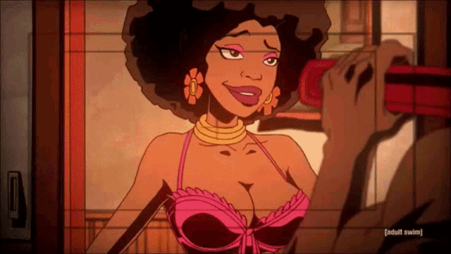 a cartoon of a woman taking a picture with the words adult swim visible