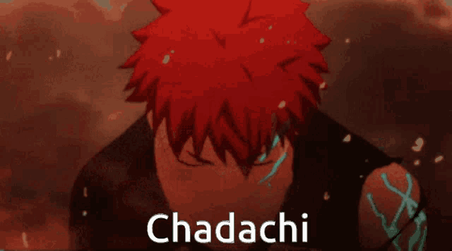 a red haired anime character with the name chadachi on the bottom right