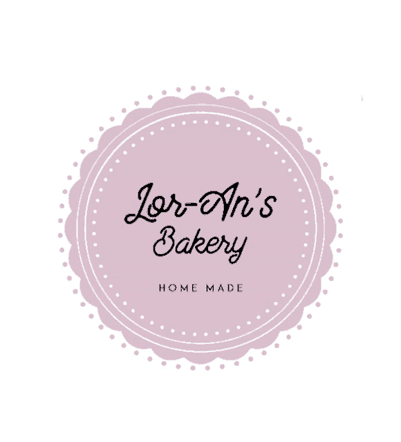 a logo for lor-an 's bakery shows a pink circle with white dots