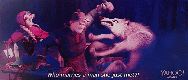 an ad for yahoo movies shows a man and a woman standing next to a wolf