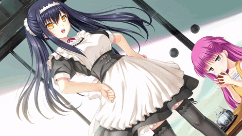 a girl in a maid outfit is standing next to a girl in a purple dress