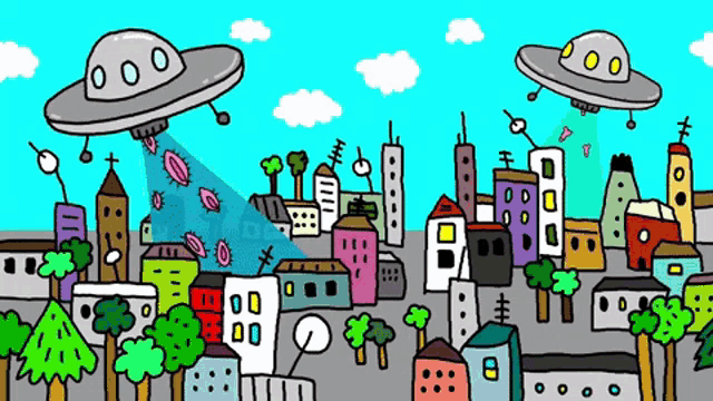 a cartoon drawing of a city with a ufo flying over it