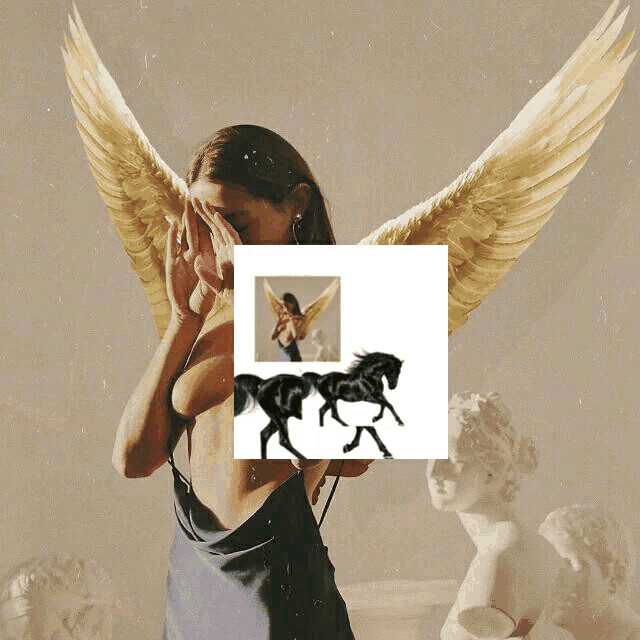 a painting of a woman with wings and two horses behind her