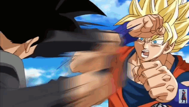a cartoon of a man being punched by another man with a blue sky in the background