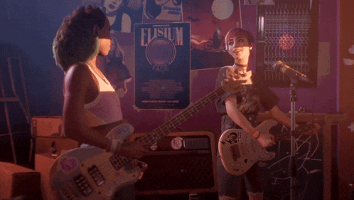 a woman playing a guitar in front of a sign that says " podium "
