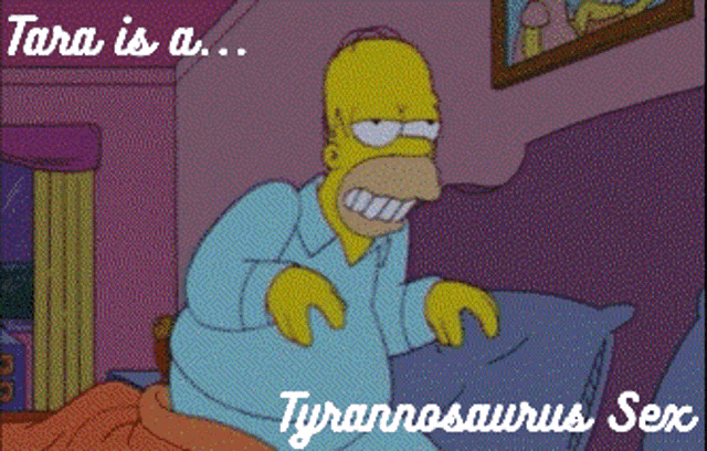 a cartoon of homer simpson sitting on a bed with the words tara is a tyrannosaurus sex below him