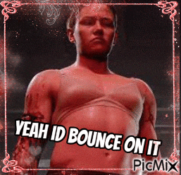 a picture of a man in a bra with the caption yeah id bounce on it
