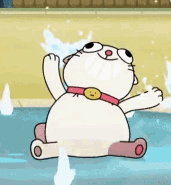 a cartoon cat is sitting in the water and splashing water .