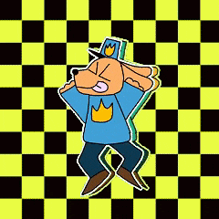 a cartoon dog wearing a hat and a blue shirt is dancing on a checkered background .