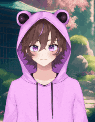a girl in a purple hoodie with frog ears