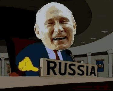 a cartoon of a man giving a thumbs up behind a russia sign