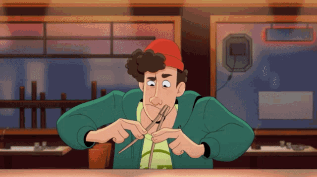 a cartoon of a man in a green jacket cutting something with chopsticks