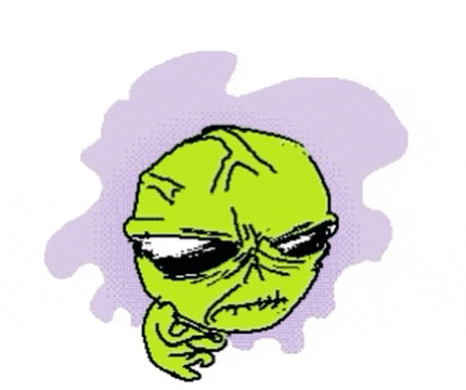 a cartoon drawing of a green alien with a purple background