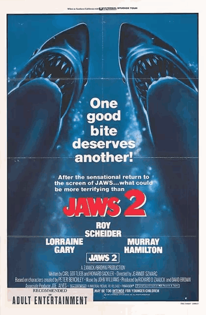 a movie poster for jaws 2 shows two sharks on it