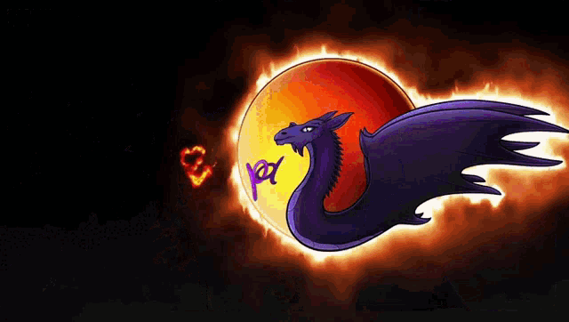 a red and yellow background with a swirl of flames