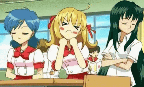 a group of anime girls are standing in a classroom .