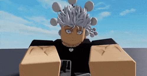 a cartoon character with a bunch of balls in his hair is sitting on a block .