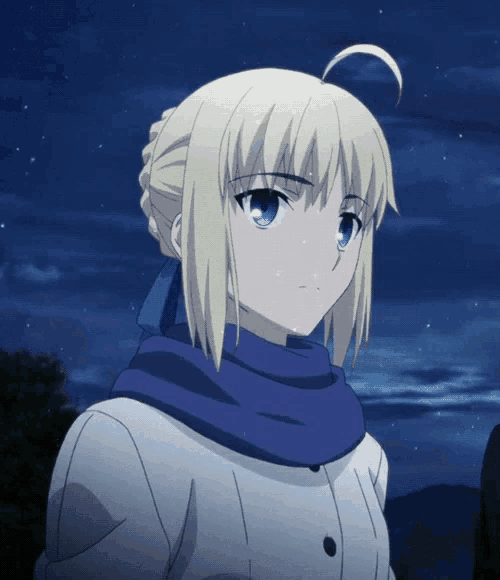 a blonde anime character with blue eyes and a blue scarf