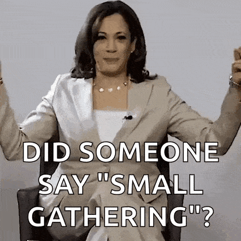 a woman in a suit is sitting in a chair and saying `` did someone say `` small gathering `` ? ''