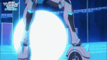 a robot is standing in front of a sign that says ' a ' on it