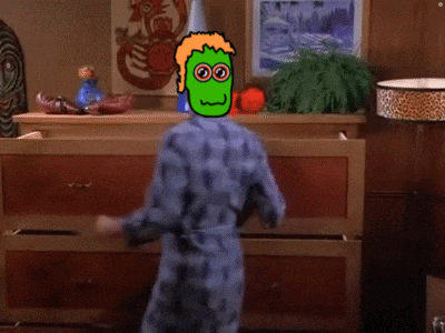 a cartoon of a woman reaching into a drawer with a green face and a blue face on it