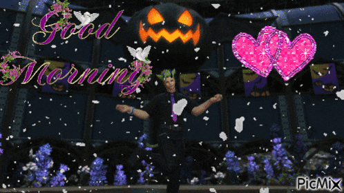 a man is dancing in front of a pumpkin with the words good morning written on it