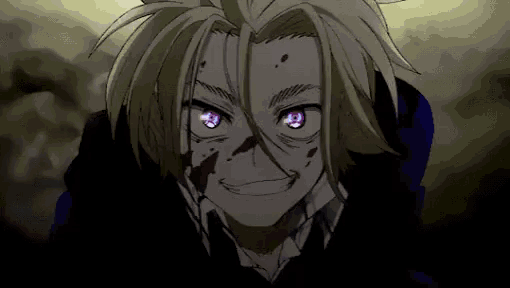 a close up of a person with blood on their face and purple eyes .