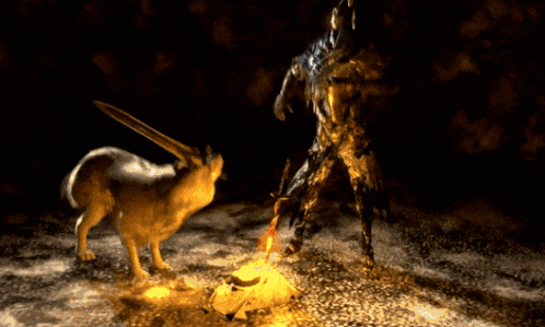a man in a knight 's armor is standing next to a dog