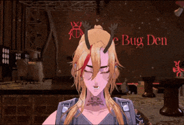 a cartoon character with horns stands in front of a sign that says the bug den