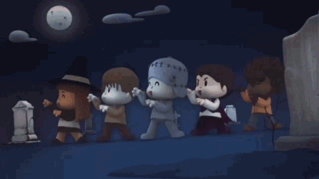 a group of cartoon characters are dancing in a cemetery