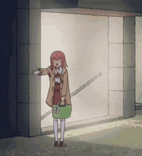 a cartoon of a girl holding a green bag that says ' rb ' on it