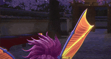 a cartoon character with purple hair and glowing wings is flying in the air .