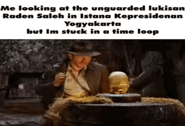 a man in a hat is looking at a statue of a skull .