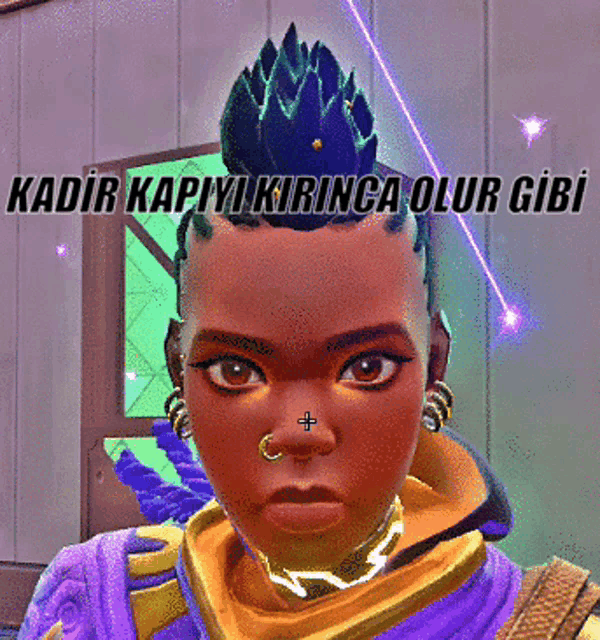 a video game character with a mohawk and the words " kadir kapiyi kirinca olur gibi "