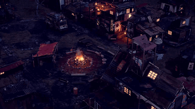 an aerial view of a city with a fire pit in the middle
