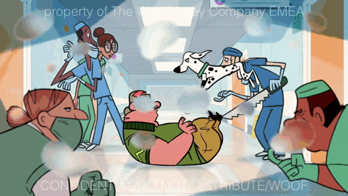 a cartoon of a dalmatian being treated by a dentist